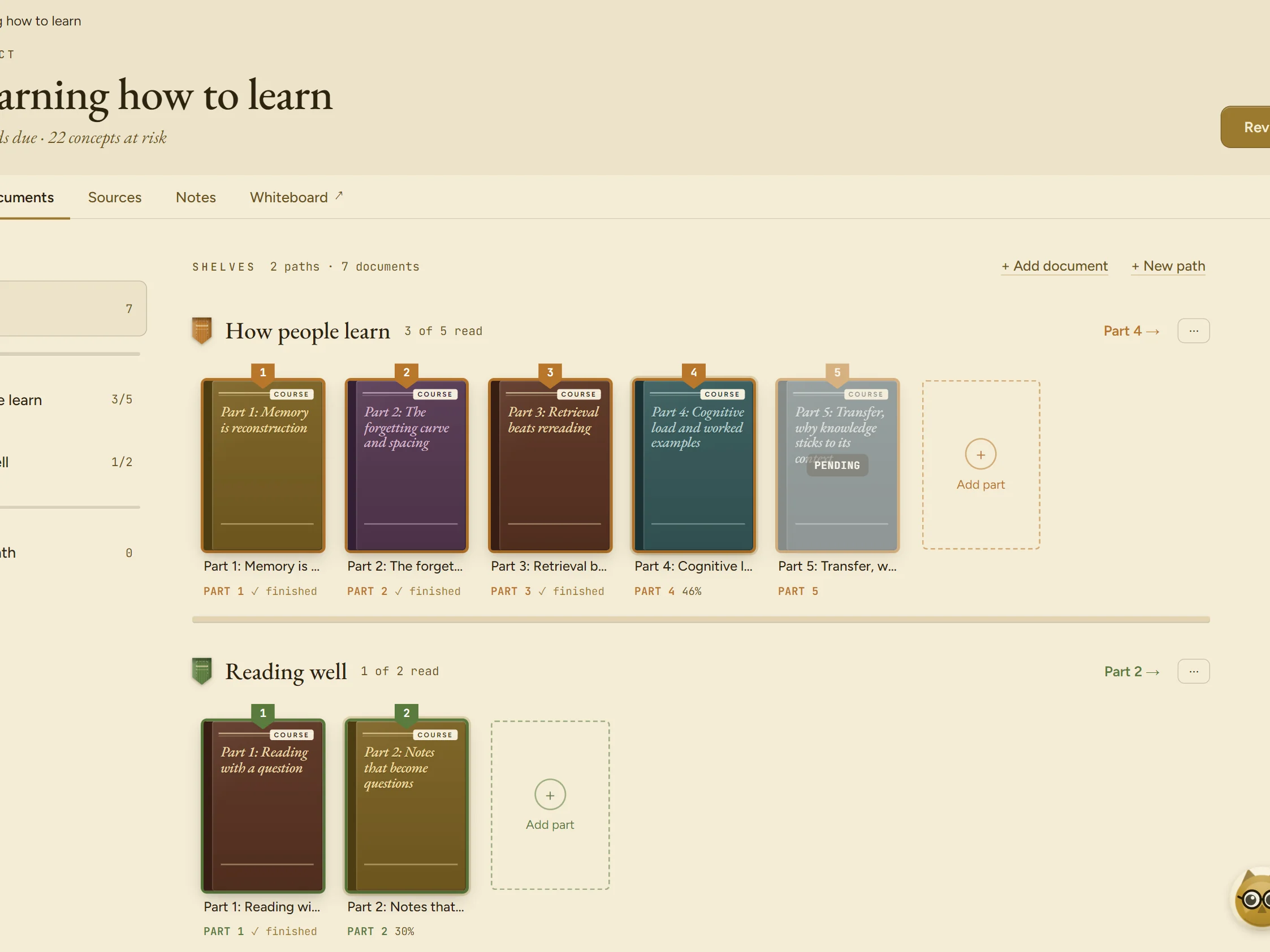 A study path: five parts, three finished, part four at 53%, part five pending
