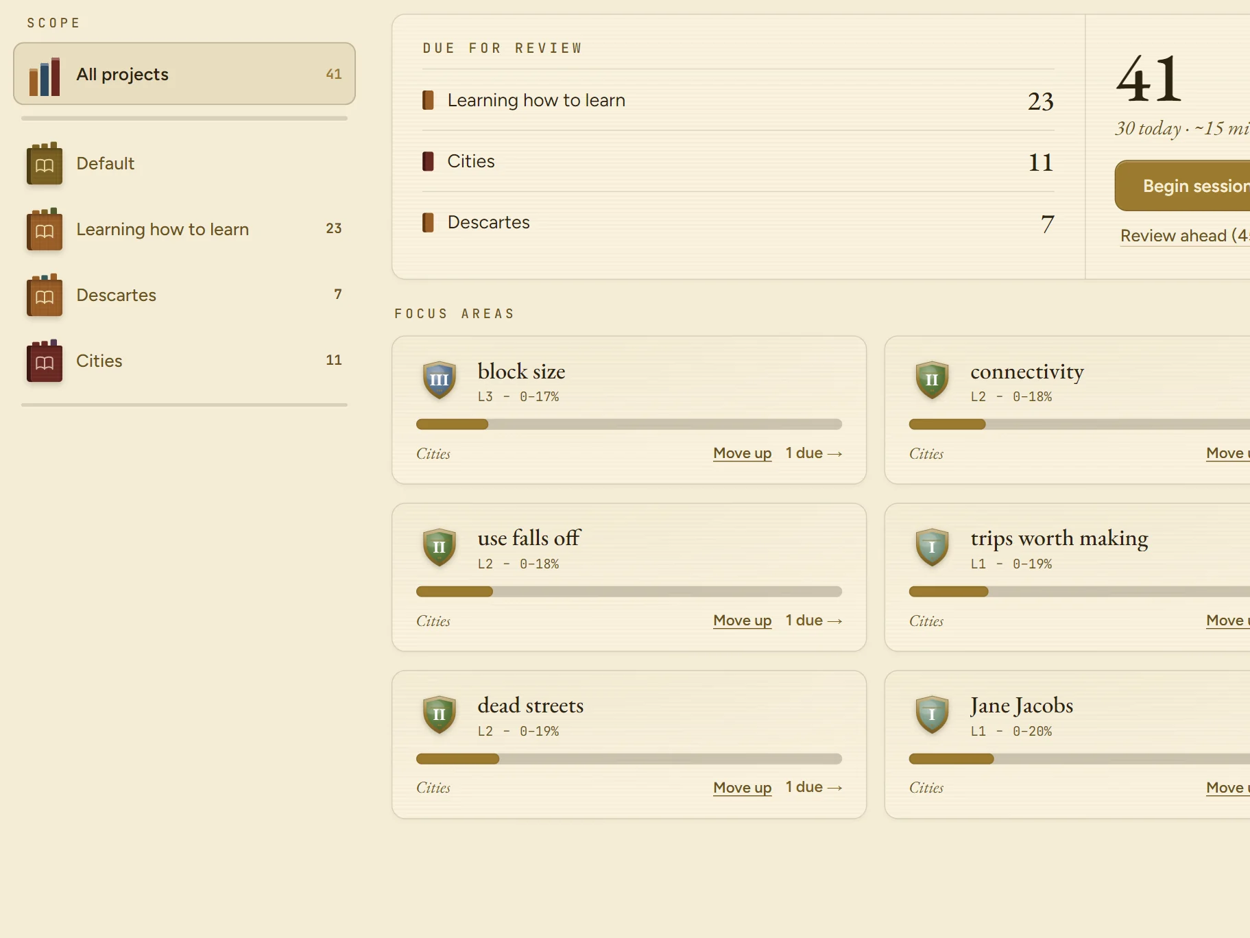 Due for review: five cards ready, the week at a glance, the concepts worth settling