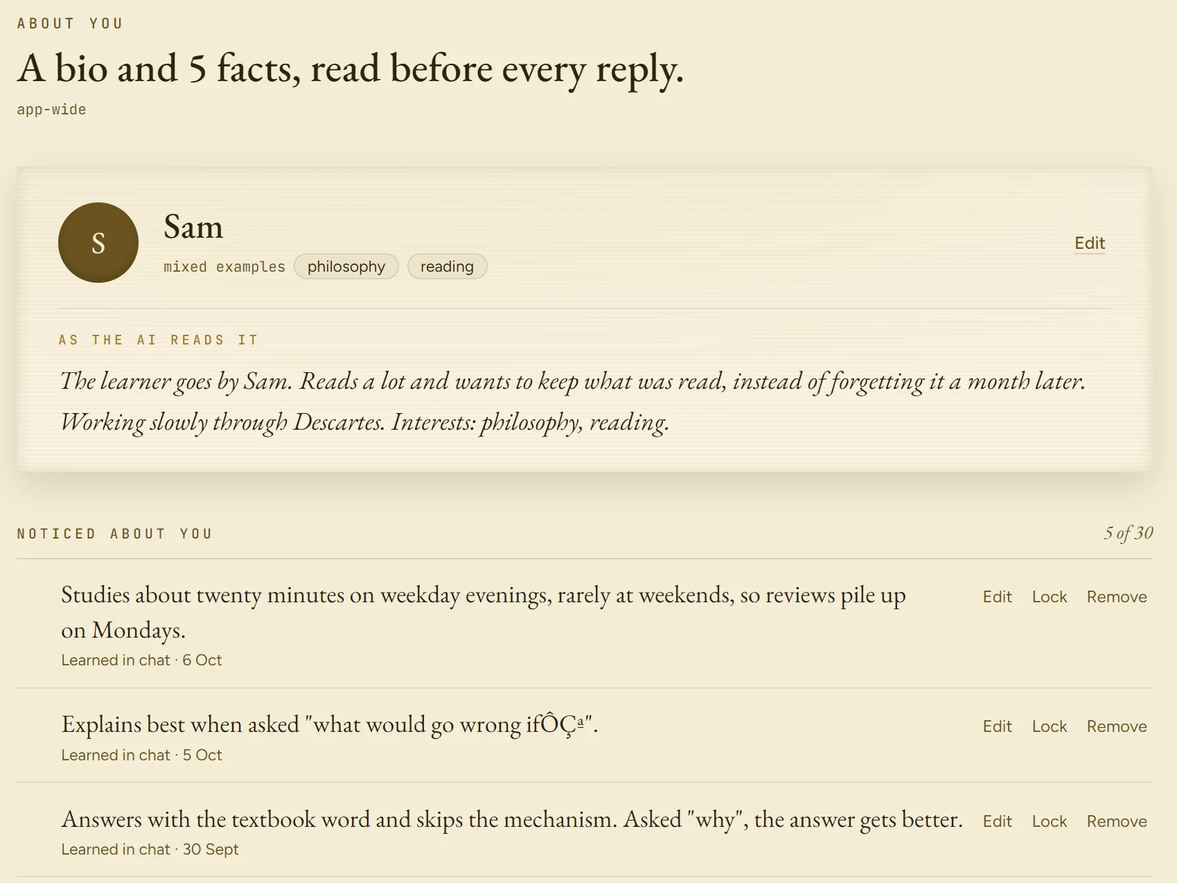 What the app has learned about you: a bio and five facts, each labelled where it came from